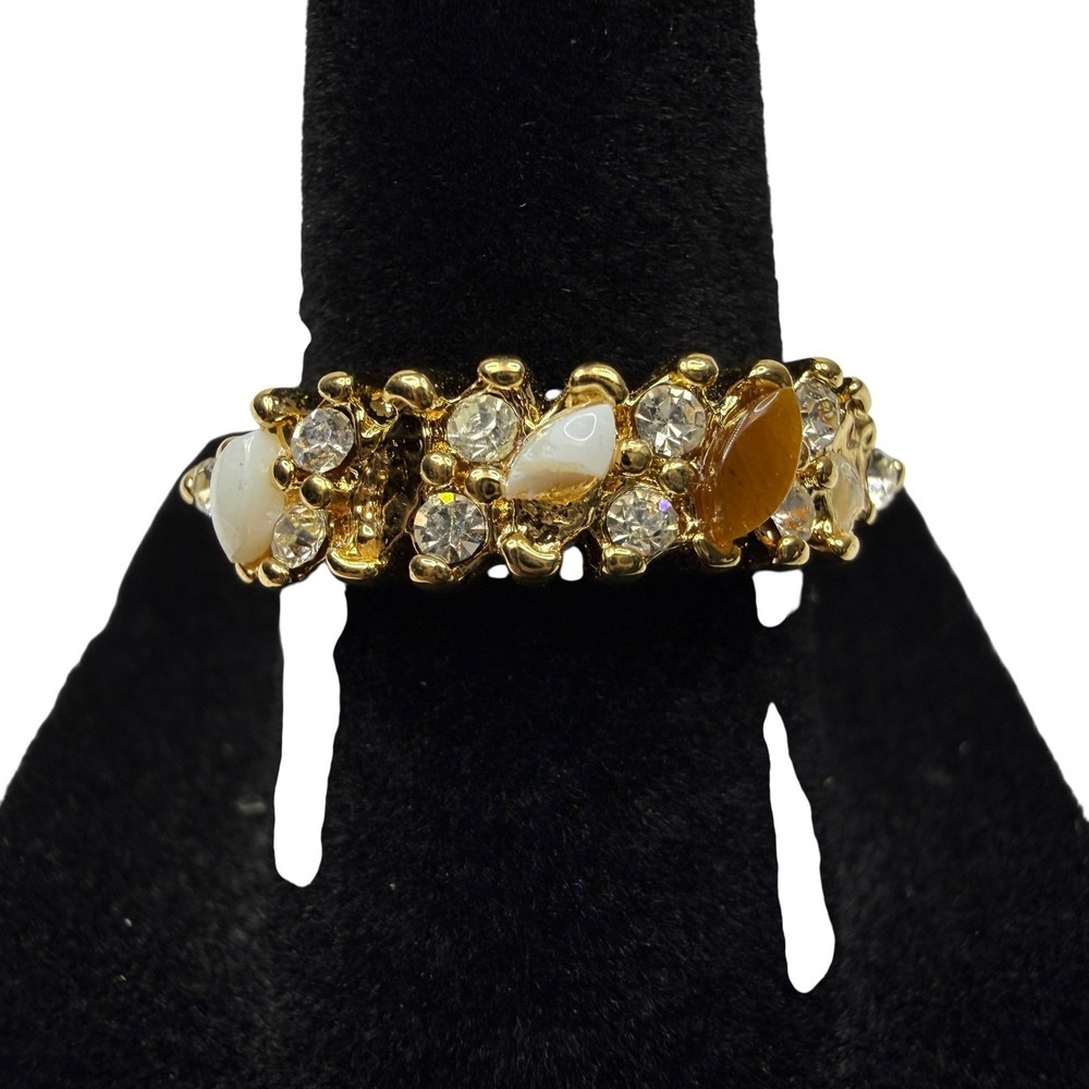 Elegant Gold Tone Cluster Ring with Clear & Opaque Stones Costume Jewelry Size 7